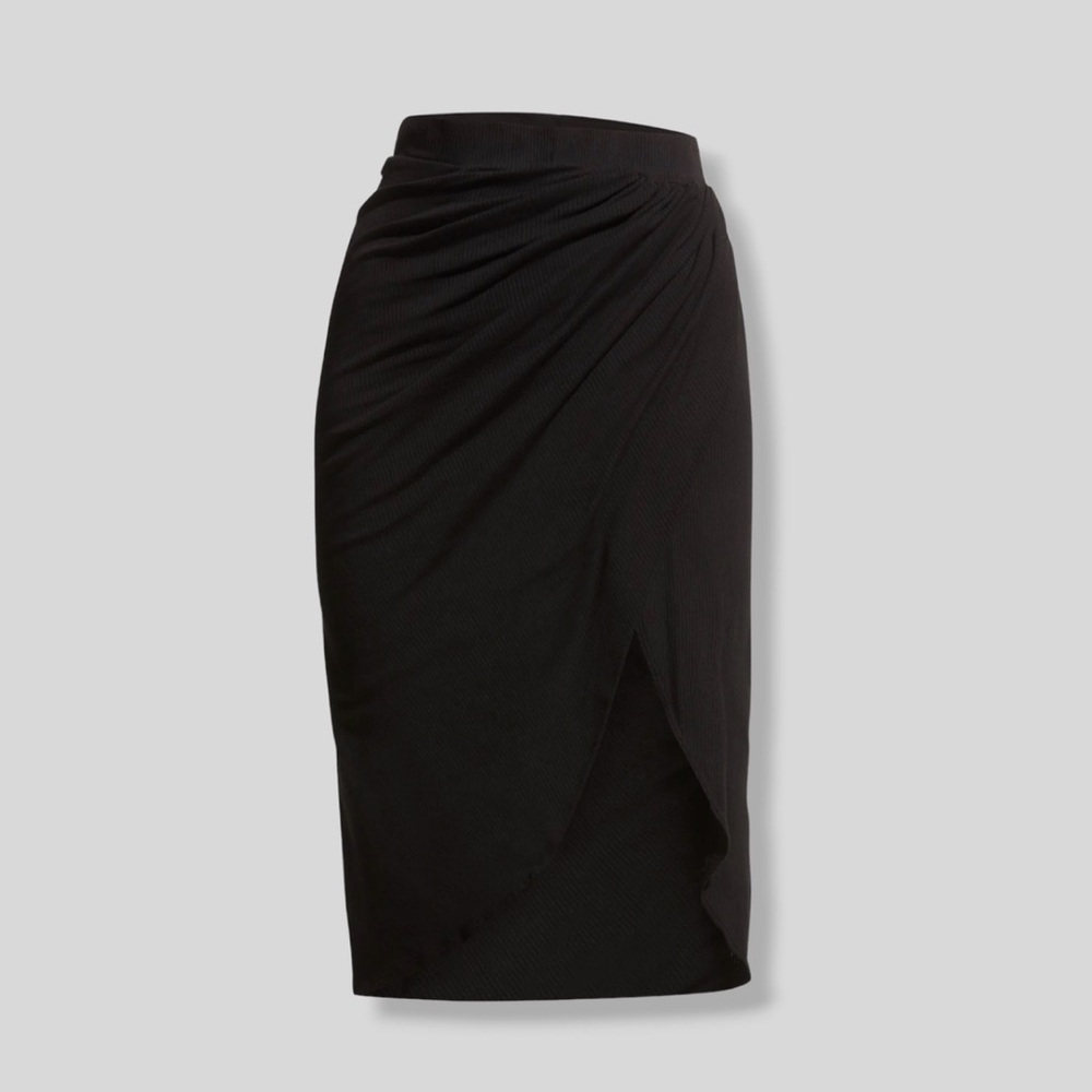 NWT Monrow Size XS Cotton Blend Black Shirred Rib Skirt Faux Wrap Secretary